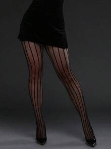 [DazzleLegs]1pc Plus Size High Elasticity Vertical Striped Watermelon Pattern Fishnet Tights, Women Fashion Seamless Pantyhose, Black Mesh Stockings Festive Outfits - Đen 8 - Xem 2
