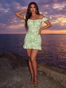 Vestido con estampado floral, volantes y bajo sexy para mujer - Verde - Ver 1