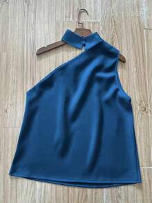 1 pieza Blusa elegante sin mangas de satén de unicolor con volantes asimétricos/asimétricos, adecuada para verano, vacaciones, oficina, hogar, uso diario, fiesta de cumpleaños, eventos formales y casuales - azul real - Ver 5