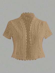 Chaqueta casual de verano para mujer, de unicolor, con parches de encaje en la parte delantera abierta, para ropa de fiesta de vacaciones - Caqui - Ver 1