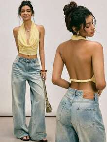 Blusa elegante y sexy de mujer con cuello drapeado y espalda descubierta de unicolor - Amarillo claro - Ver 1