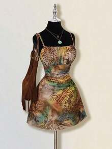 Vestido mini plisado con estampado de hoja de arce vintage para mujer, adecuado para vacaciones de verano y ropa de vuelta al colegio - Multicolor 4 - Ver 12