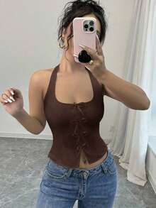 blanca elegante y ajustada con cuello de lazo para volver al colegio - Café integral - Ver 6