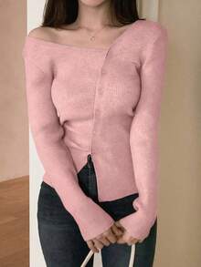 Blusa casual de mujer de punto acanalado con botones y manga corta - Rosa 3 - Ver 3