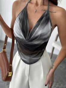 de tirantes con cuello halter y estampado de teñido anudado de moda elegante para mujer - Blanco y Negro - Ver 6