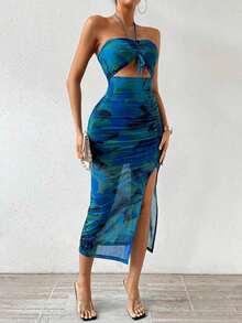 Vestido largo de mujer con cuello de halter, plisado y estampado de malla - Azul 3 - Ver 7