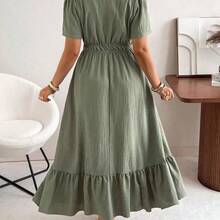 Plus Size Women's New Elegant Casual Loose V-Neck Short Sleeve Textured Fabric Swing Dress, Suitable For Wedding Guest, Bohemian Style Super Long Spring/Summer Dress - Rojo violeta - Ver 3