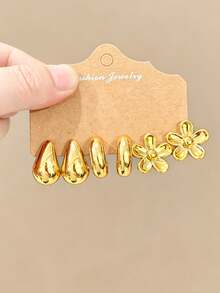 6/18pcs Gold Tone Large Starfish, Assorted Flower, Smooth Water Drop C-Shaped Twist Hoop Earrings Set, Best Gift For Friends And Family - Gold - View 6