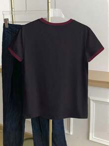 RCamiseta casual de mujer de cuello redondo con estampado gráfico de rayas y bloques de color - Negro - Ver 2