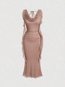 Vestido midi para mujer con escote profundo, cinturón y panel de malla, color rojo - Rosa vieja - Ver 1
