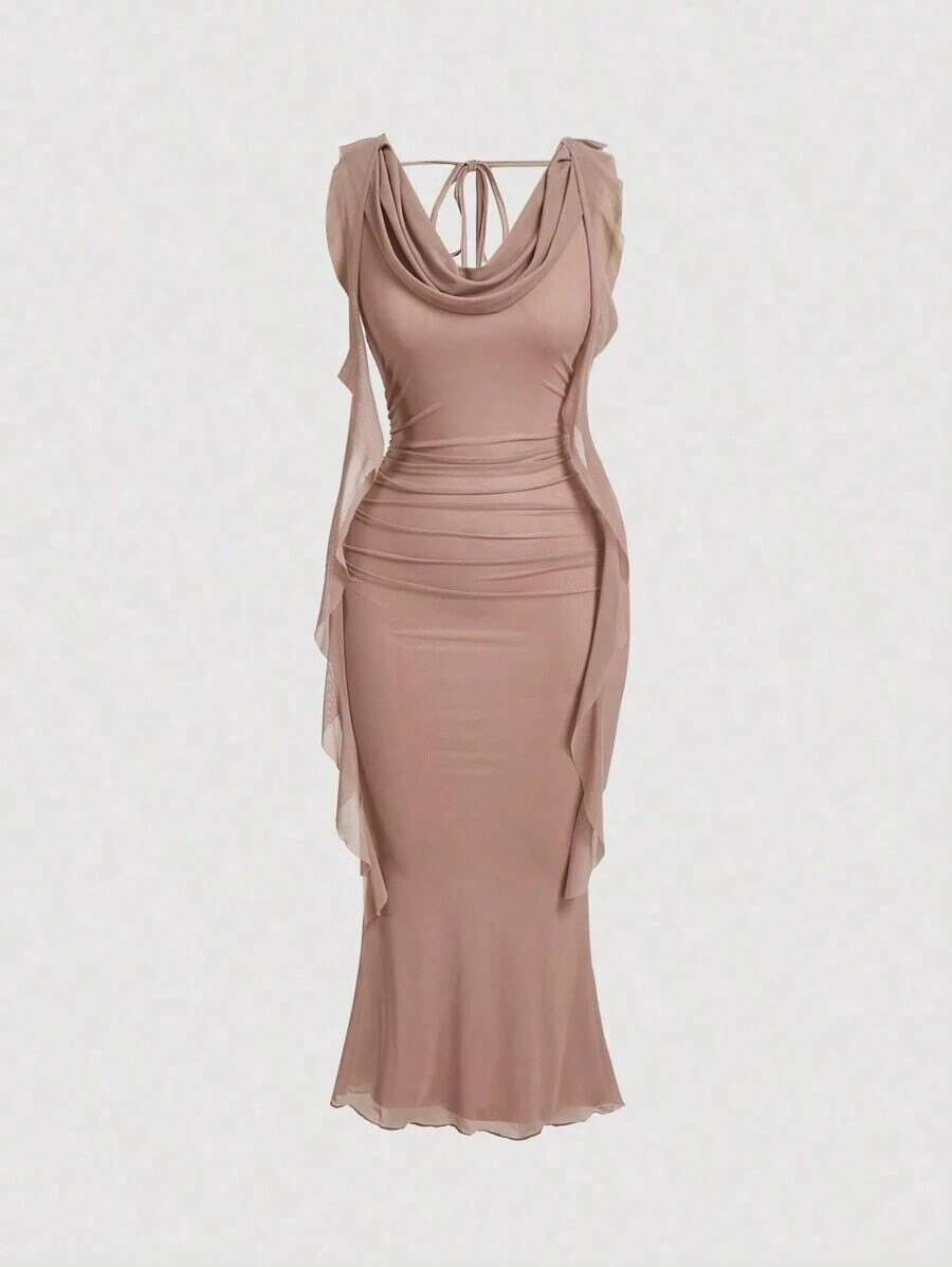 Vestido midi para mujer con escote profundo, cinturón y panel de malla, color rojo - Rosa vieja - Ver 1