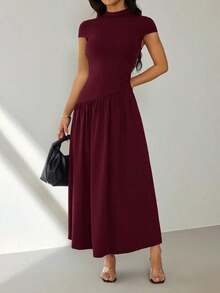 Vestido casual largo plisado de manga abullonada y cuello alto en unicolor para mujer, de verano - Rojo violeta - Ver 6