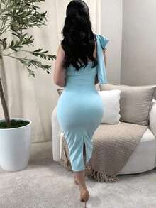 Vestido de mujer de moda sin mangas con lazo en el cuello, vestido ajustado negro, vestido de verano de mujer, vestido de fiesta romántico de mujer, vestido elegante de mujer, sexy y elegante, adecuado para baile, fiesta, cita, reunión, hogar, vestido sexy de mujer - Celeste - Ver 5