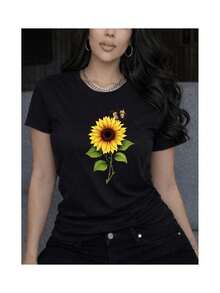Playera Casual Mujer Estampado Girasol Realista Mariposa Manga Corta Cuello Redondo Estilo Vintage Naturaleza Primavera Verano - Negro - Ver 4