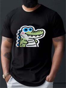 Camiseta de Hombre con Estampado de Cocodrilo de Dibujos Animados, Camiseta de Manga Corta con Estampado Animal para Adultos, Casual y Elegante - Negro - Ver 3