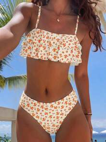 Swim Conjunto de traje de baño para mujer con adorno floral, estilo lindo, dulce y retro, para vacaciones y playa - Beis - Ver 1