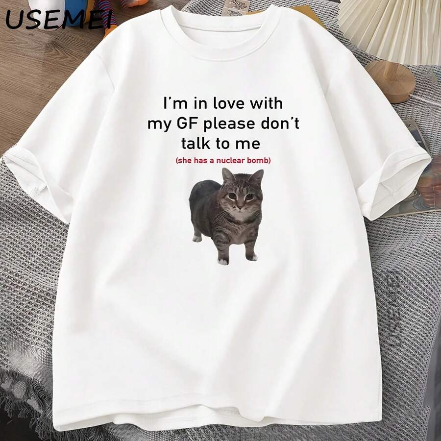 Camisetas divertidas I'm in Love with My GF con diseño de gato, camiseta holgada de algodón con cuello redondo para novio, camiseta de manga corta para hombre, camisetas para parejas - forma - Ver 1