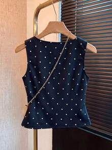 Elegante Blusa de Verano de Lunares Vintage con Decoración de Perlas para Mujer, Blusas Elegantes para Mujer, Atuendos de Trabajo para Mujer, Blusas de Verano para Mujer, Últimas Blusas Lindas para Mujer, Nuevos Llegados, Blusas Casuales El - Azul marino - Ver 2