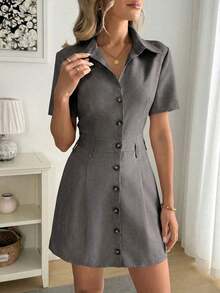 Vestido camisero de mujer de manga corta con rayas - Gris - Ver 3