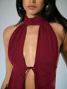 Top halter de malla con cuello alto, espalda abierta y recortes sexy, top sin espalda, atuendos de vacaciones para mujer, atuendos de verano para mujer, de moda, atuendos para ir de fiesta, tops sexy - Burdeos - Ver 3