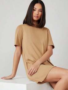 Vestido corto de mujer de unicolor para uso casual, diario y de fiesta - Caqui - Ver 4