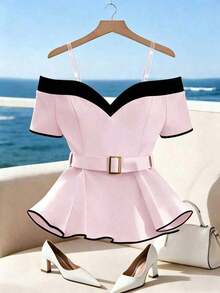 Blusa elegante y de moda para mujer, con diseño minimalista y versátil, con contraste de color negro y blanco, decoración de hebilla metálica y volantes en el bajo, para el verano - Rosa Pálido - Ver 4