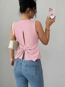 Camiseta de tirantes de mujer de algodón a rayas con lazo y escote en V sin espalda.Ajustada y que realza la figura, muestra por completo el encanto femenino.Adecuada para otoño e invierno, es una opción ideal para citas, vacaciones, ir al - Rosa vieja - Ver 2