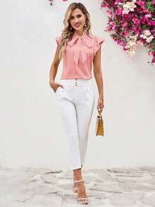 Blusa con lazo elegante para mujer, versátil para el trabajo y el uso casual, verano - Rosa 2 - Ver 3
