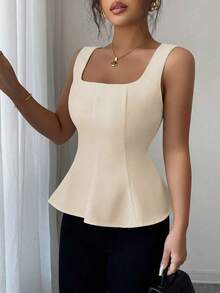 Blusa elegante de cuello cuadrado sin mangas para mujer, adecuada para la oficina, el transporte, el té de la tarde, las fiestas, las vacaciones y ocasiones casuales - Albaricoque - Ver 3