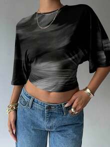 Blusa de verano para mujer con diseño de manga murciélago, cuello redondo, fruncido y estampado floral de tinte de agua en tonos cálidos, ideal para playa/vacaciones, un look casual, minimalista y elegante - Gris Oscuro - Ver 4