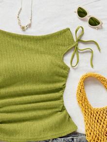 Blusa de punto con textura de burbujas de color albaricoque, cuello asimétrico con lazo en la cintura, ajuste ceñido, adecuada para fiesta, cita, paseo por la ciudad, viaje por carretera, playa de verano - Amarillo claro - Ver 6