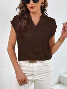 Camisa casual de mujer de unicolor con cuello en V, abotonadura sencilla y bolsillo - Café integral - Ver 4