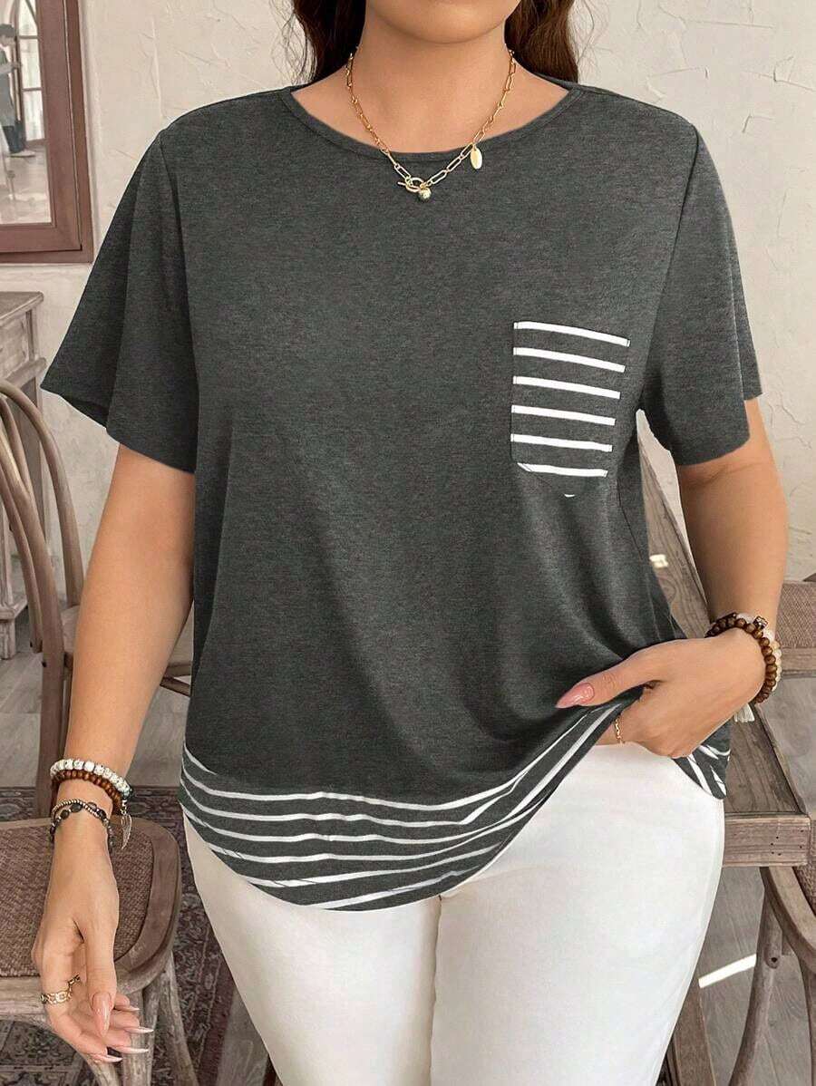 Camiseta casual de talla grande con bolsillo y rayas de contraste, prenda de vestir occidental estilo boho bohemio, top de festival de los 90, verano y primavera - Gris Oscuro - Ver 1