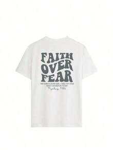 Casual Short-Sleeved T-Shirt With "Faith Over Fear" Text Print, New Spring/Summer Style For Women. Vacation Style, Everyday Basic. Women's Vacation Graphic Tees, White Top, Men's T-Shirt, Women's Sweatshirts, Y2k T-Shirt Shirt - 白色 - 查看 4