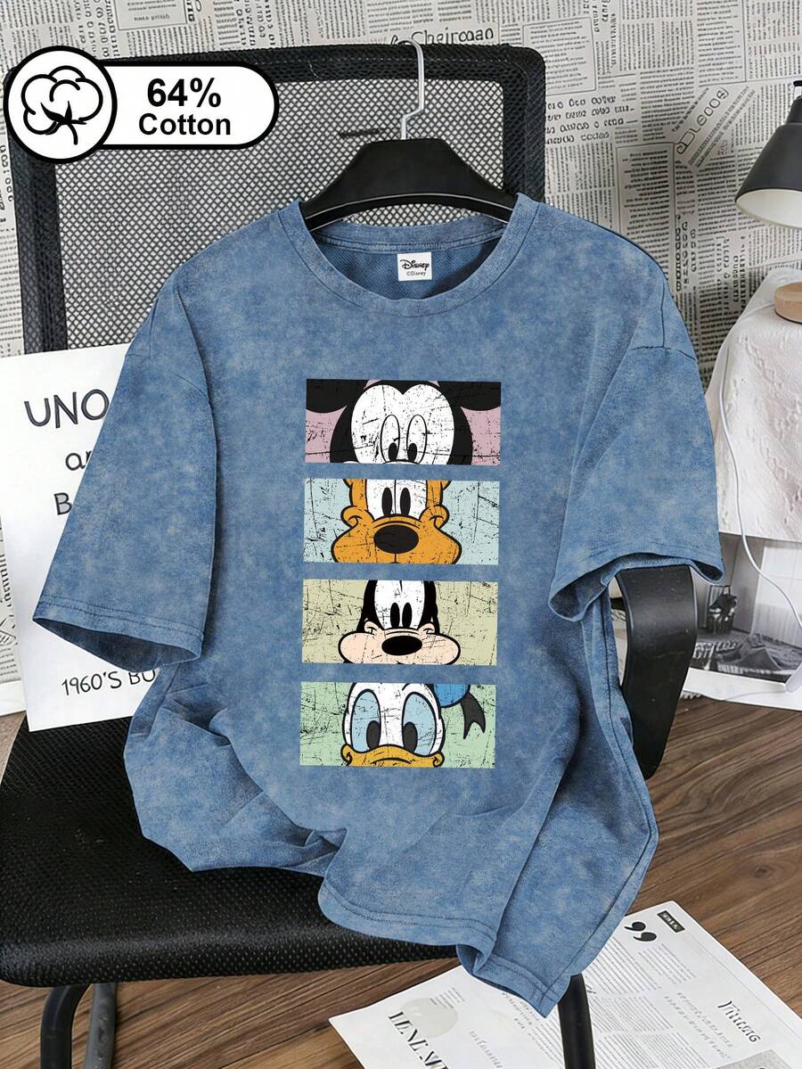 Disney 女款 T-shirt,復古米奇與好友肖像印花,復古雪花水洗短袖 T-shirt,戶外穿著,女款夏季上衣 - 藍色 - 查看 1