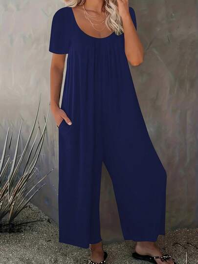 Summer New Women's Pants, Solid Color With Pockets, Loose Casual Short Sleeved Jumpsuit For Women