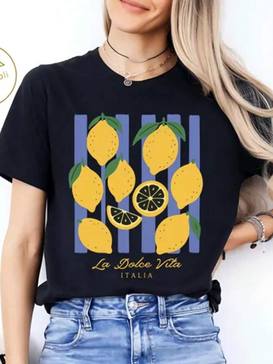 Camiseta de Mujer con Estampado Limón Italia - Estilo Casual, para Playa, Vacaciones y Uso Diario - Negro - Ver 1