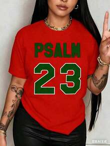 Camiseta transpirable de fe cristiana para mujer - Estampado de versículo bíblico Salmo 23, cuello redondo ligero de manga corta, blanca con texto verde, ropa casual para exteriores - Camiseta de verano lavable (tallas de EE. UU.) Ropa de mujer a la moda 100% algodón - Rojo - Ver 3