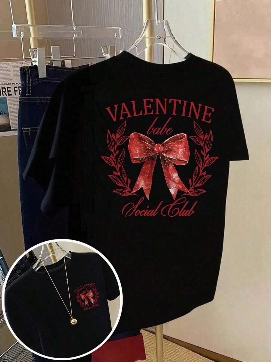 Plus Size T-Shirts For Women - Loose Off Shoulder T-Shirt, Casual Short Sleeve T-Shirts, Short Sleeve Printed T-Shirt With Designs On Front And Back - Valentine's Day, Heart Shaped Bow - Spring/Summer Printed T-Shirt For Women, Fashionable Item, Versatile And Casual, Breathable And Comfortable. - 黑色 - 查看 1