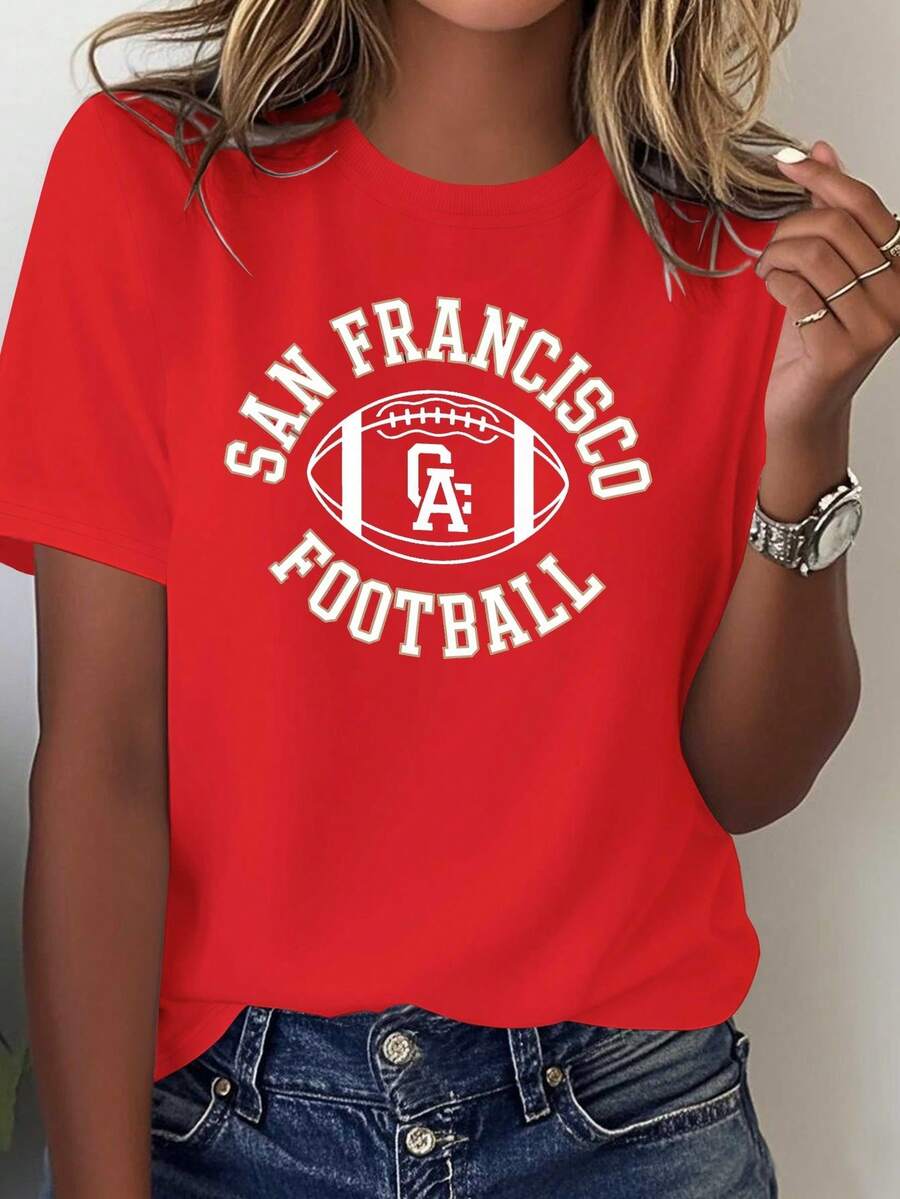 Camiseta de edición limitada para mujer con el del equipo de fútbol de San Francisco, California - Ropa casual pura para fanáticos, con letras doradas y diseño de fútbol, adecuada para todas las estaciones, con elónico SF para los seguidores, hecha de algodón ligero. - Rojo - Ver 1