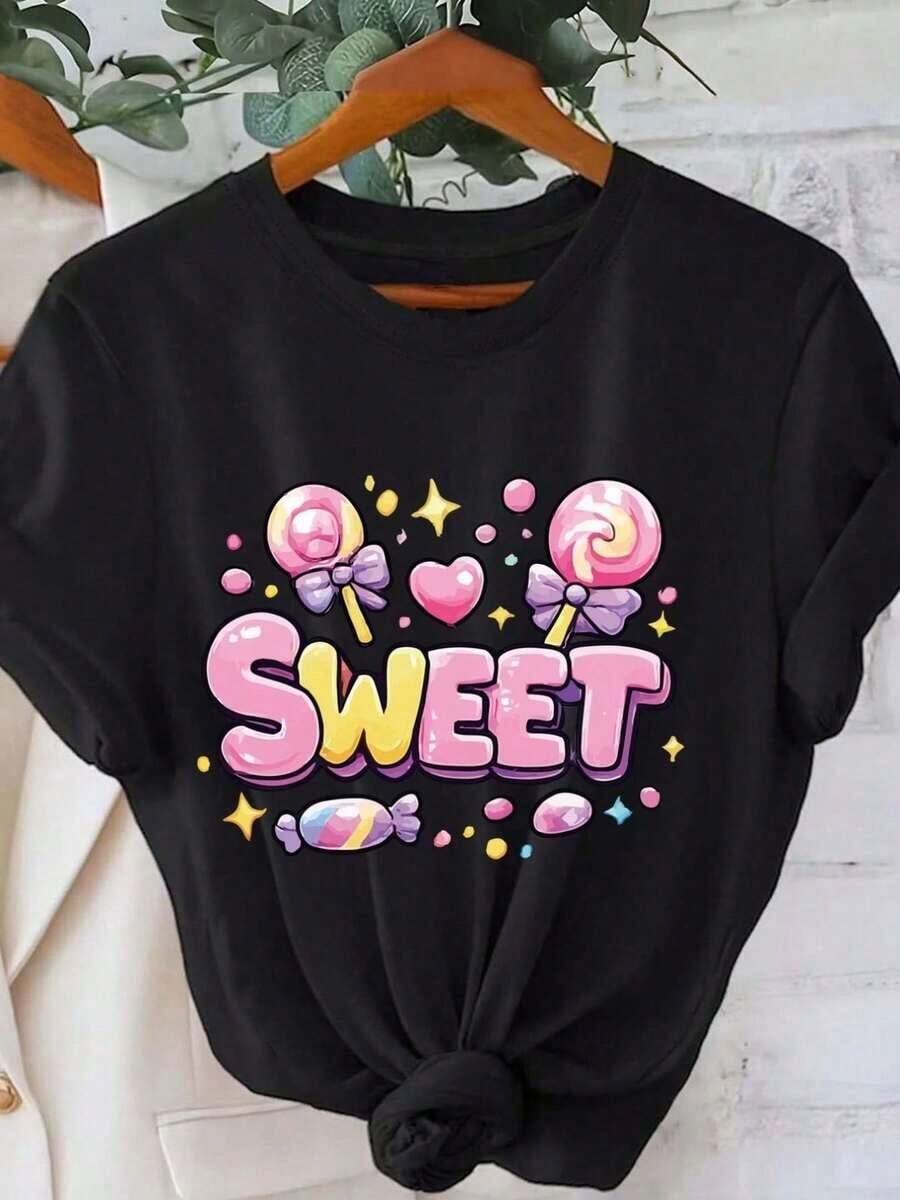 1 Piece Of Short-Sleeved T-Shirt With A Round Neck And Candy Print | Fashionable, Comfortable, Breathable, Casual Style, Ideal For Spring And Summer. 180g 100% Cotton, Designs Are Fully Printed. Unisex. - 黑色 - 查看 1