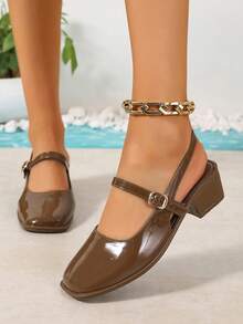 Zapatos Mary Jane de metal con espejo dorado claro para mujer, adecuados para ir al trabajo en primavera, citas, fiestas, vacaciones, sandalias planas con cordones sencillos; Nuevas sandalias de tacón alto de unicolor con cristales de moda de alta gama para citas, tallas grandes para mujeres - Marrón - Ver 3