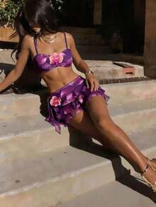 Conjunto de traje de baño de 3 piezas con falda de volantes de múltiples capas con decoración floral romántica misteriosa de color púrpura, de última moda para primavera/verano 2026 para mujer - Multicolor - Ver 6