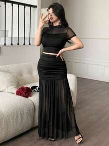 Conjunto de 2 piezas de top ajustado de manga corta con parches de malla azul claro y falda plisada de malla maxi de cintura alta, sexy y elegante, adecuado para citas, fiestas, vacaciones, bodas, cenas formales, primavera/verano - Rosa Pálido - Ver 8