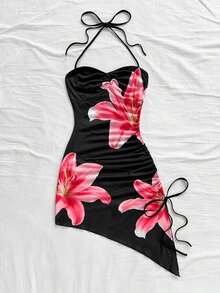 Vestido ceñido con estampado floral romántico de color rosa sobre base blanca, con dobladillo asimétrico, cuello halter y lazo, para vacaciones, playa, estilo occidental, festivales, verano, estilo bohemio - Vestidos de verano para mujer - Multicolor - Ver 4