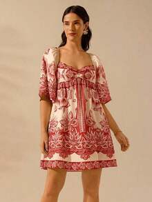 Vestido corto casual de mujer de estilo boho con estampado de plantas tropicales verdes, cuello asimétrico y mangas acampanadas, vestido de verano para vacaciones - Rojo - Ver 4