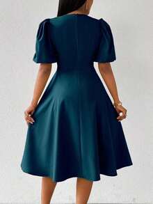 Vestido verde de manga abullonada larga, cuello en V, cintura recogida y bajo acampanado, para primavera y verano - lago azul - Ver 2