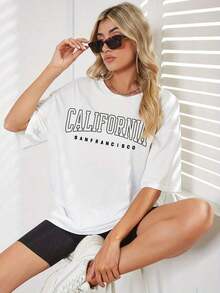 Playera minimalista moderna para mujer con estampado de California San Francisco - Corte holgado informal, manga corta, cuello redondo, poliéster elástico, esencial para el verano, con letras blancas, camiseta de ajuste relajado. |   Estilo Casual |   Camiseta de algodón grueso de manga corta, estilo clásico, 100% algodón, con estampado gráfico, para mujer, estilo casual. - Blanco - Ver 8