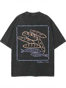 Women's & Men's Vintage Washed Y2K 1 Piece T-Shirt | Men's Graphic Tee | Vintage Five Loaves And Two Fish T-Shirt | Christian Clothing 100% Washed Cotton, Biblical Miracle Gift And Garment That Expresses Faith. - 黑色 - 查看 9