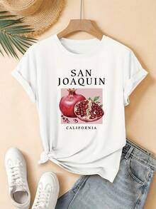Women's T-Shirt With A California Pomegranate Print, A Stylish, Cheerful, And Cute Design. This Short-Sleeved, Crew-Neck T-Shirt For Young Women Is Machine Washable And Suitable For Everyday Casual Streetwear. It Makes An Ideal Gift And Is Perfect For Home, Office, And Other Occasions. - 白色 - 查看 6